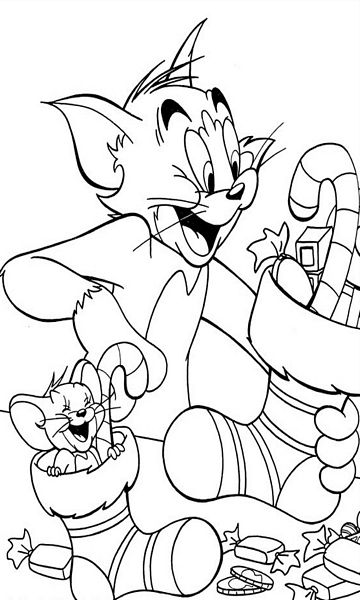 kolorowanka Tom i Jerry szukają w skarpetach upominków, malowanka do wydruku z bajki dla dzieci, do pokolorowania kredkami, obrazek nr 31